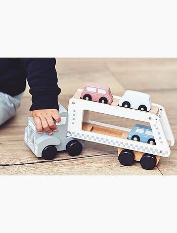 Camião transportador de carros em madeira com 4 carrinhos – brinquedo infantil