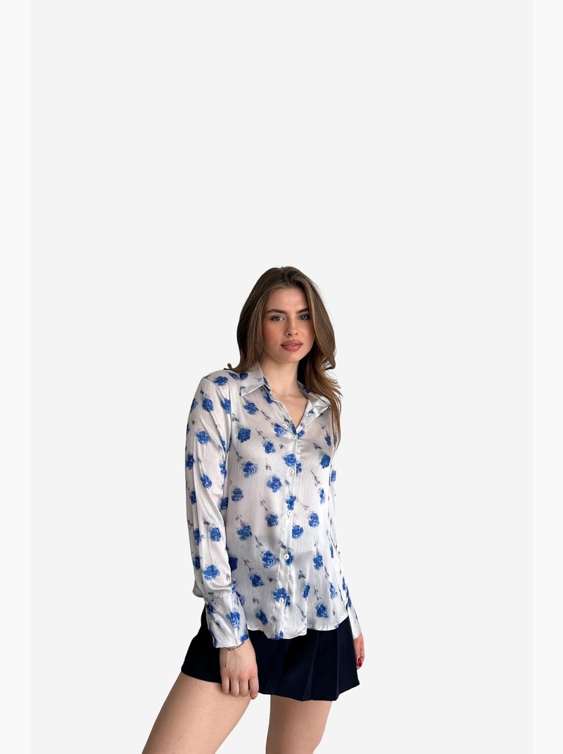Camisa abotoada com estampado floral my fashion Azul-safira - Kiabi