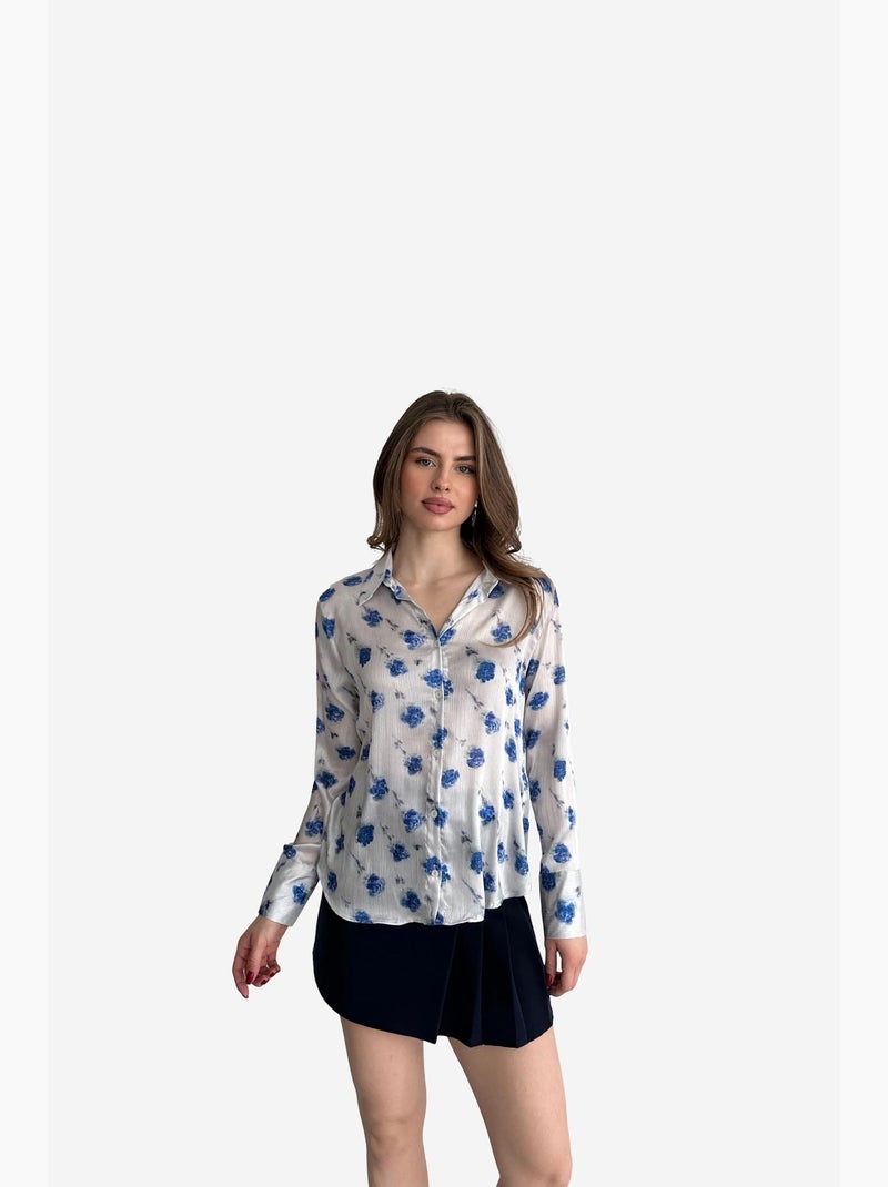 Camisa abotoada com estampado floral my fashion Azul-safira - Kiabi