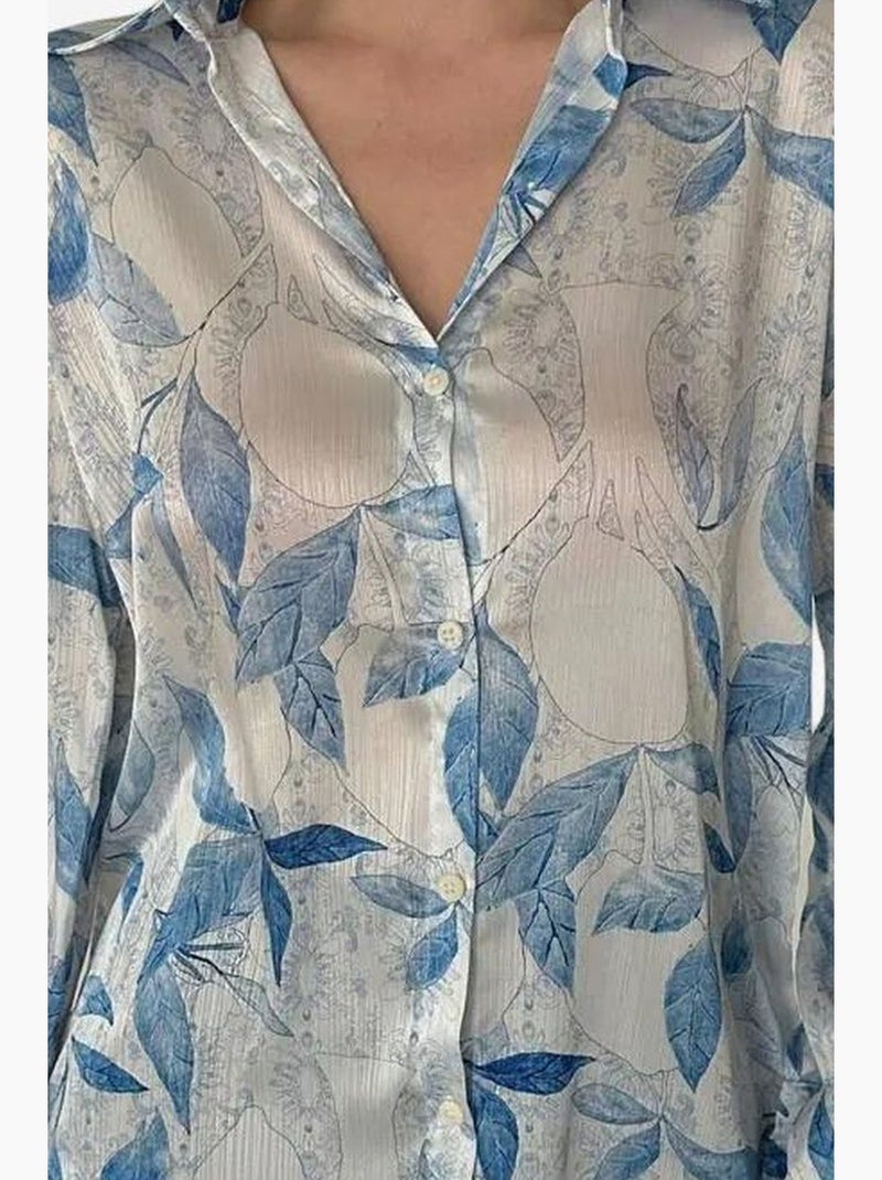 Camisa abotoada em cetim com estampado floral my fashion Azul-cobalto - Kiabi