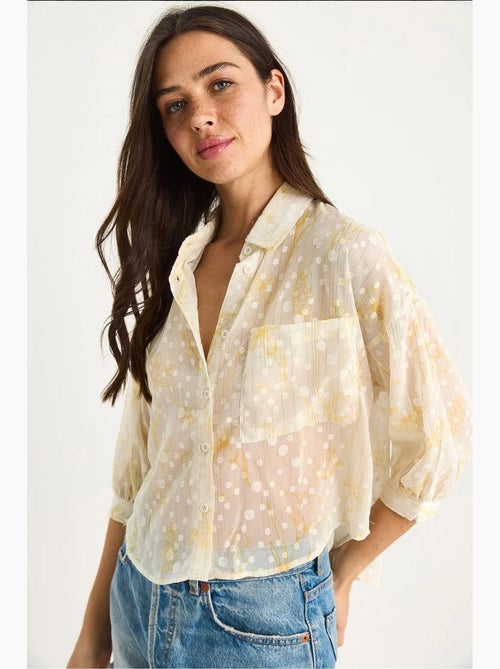 Camisa abotoada em jacquard floral de manga curta com bolso lucci - Kiabi