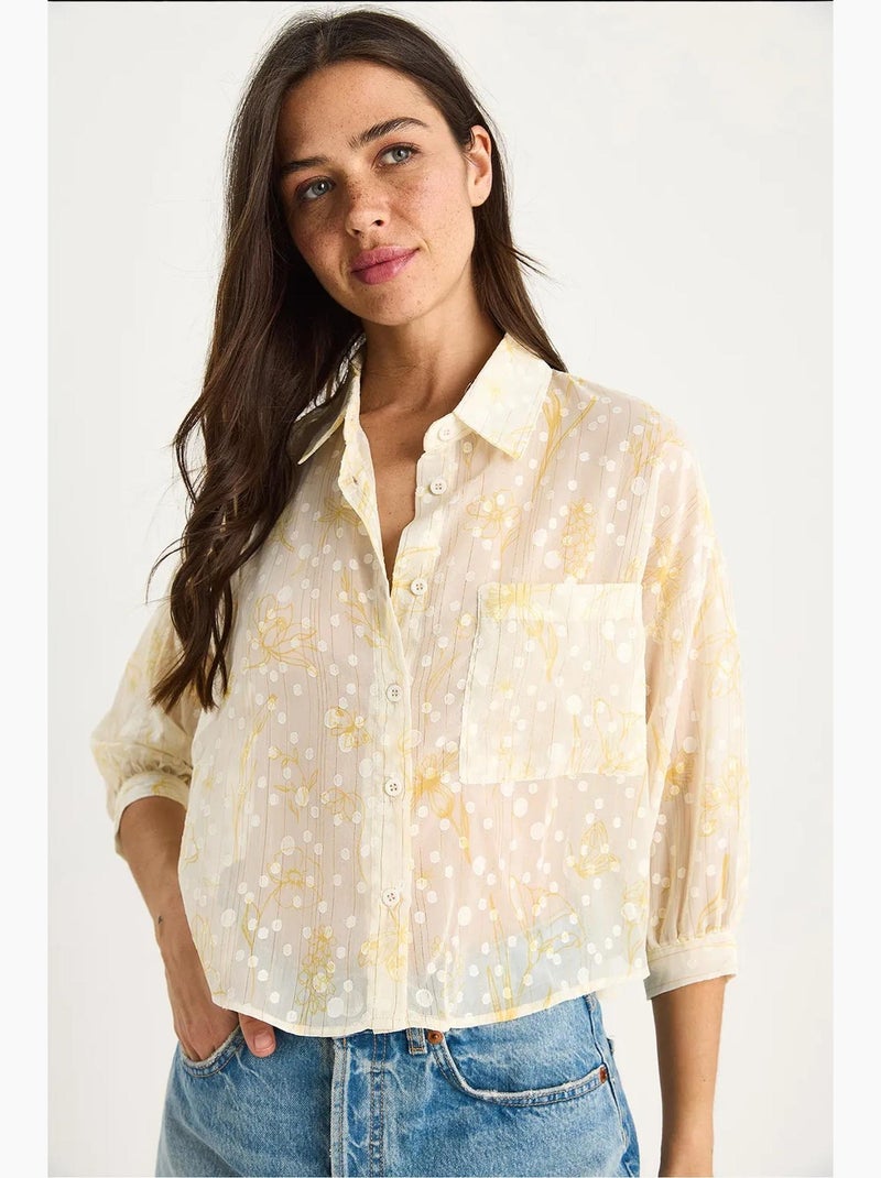 Camisa abotoada em jacquard floral de manga curta com bolso lucci Amarelo-limão - Kiabi