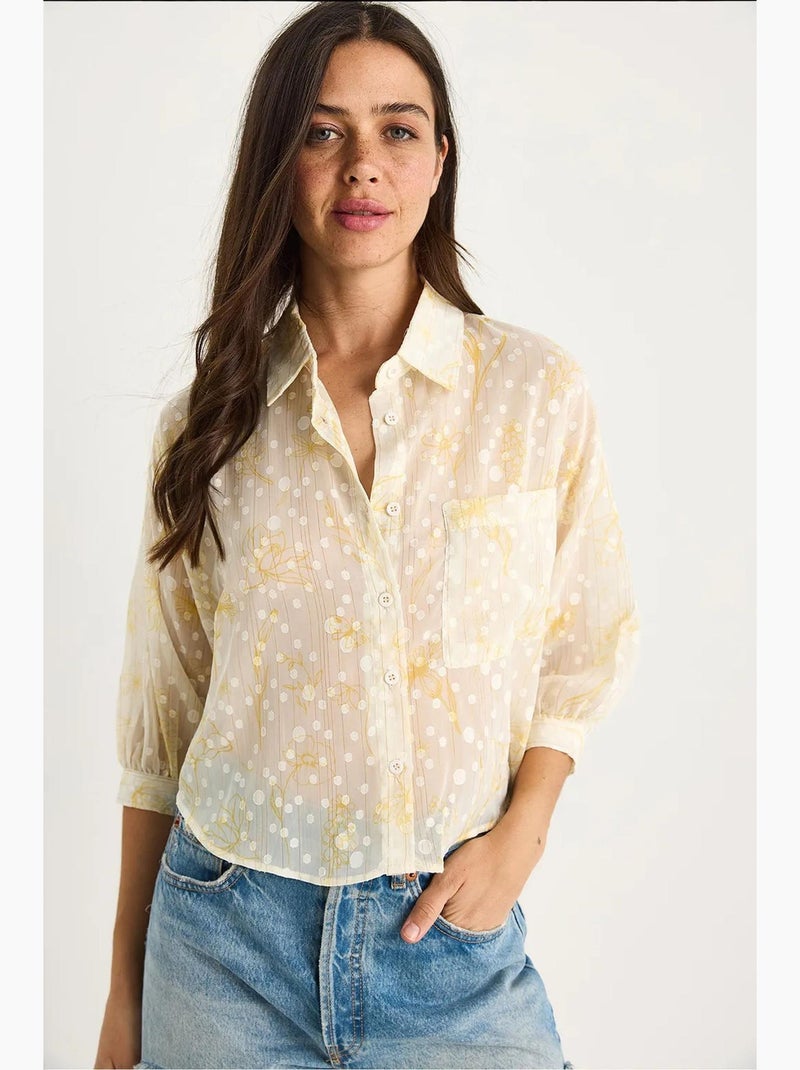 Camisa abotoada em jacquard floral de manga curta com bolso lucci Amarelo-limão - Kiabi