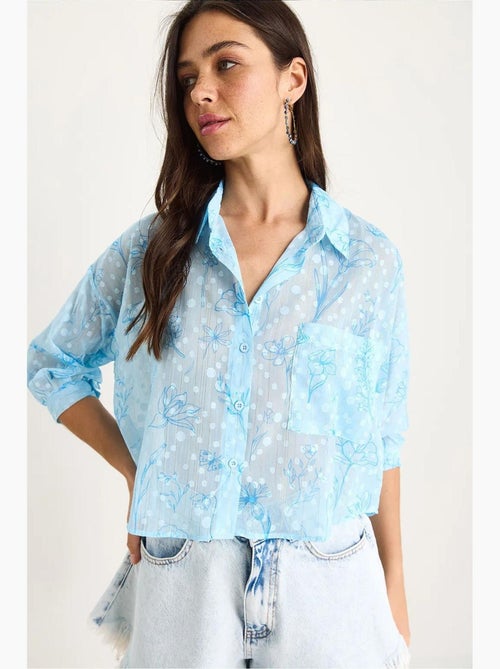 Camisa abotoada em jacquard floral de manga curta com bolso lucci - Kiabi