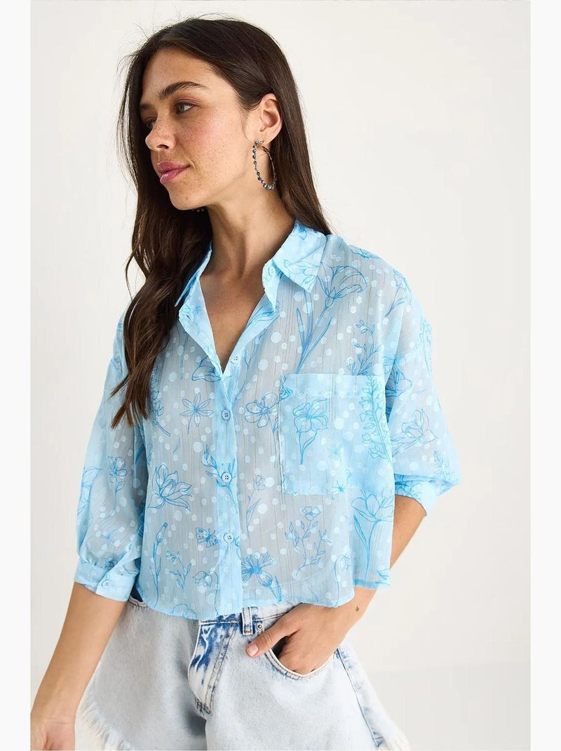 Camisa abotoada em jacquard floral de manga curta com bolso lucci Azul-céu - Kiabi