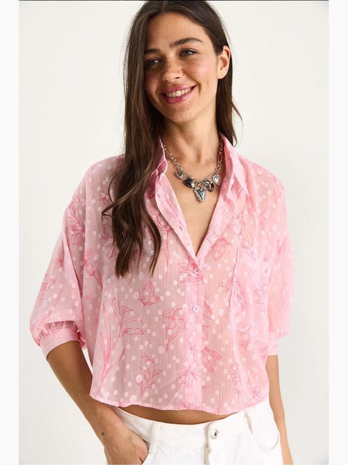 Camisa abotoada em jacquard floral de manga curta com bolso lucci - Kiabi