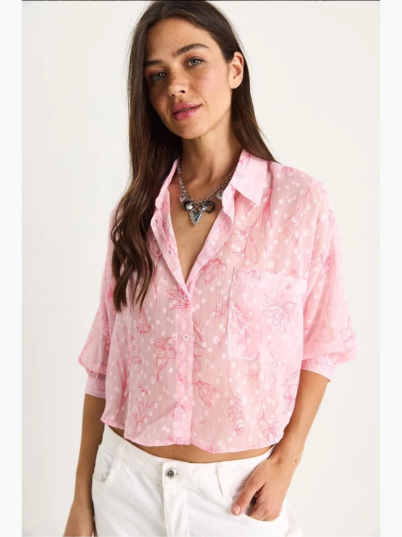 Camisa abotoada em jacquard floral de manga curta com bolso lucci Rosa-claro - Kiabi