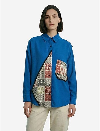 Camisa abotoada em mistura de linho com estampado geométrico my fashion