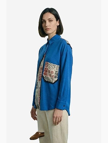 Camisa abotoada em mistura de linho com estampado geométrico my fashion
