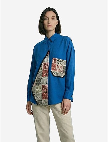 Camisa abotoada em mistura de linho com estampado geométrico my fashion