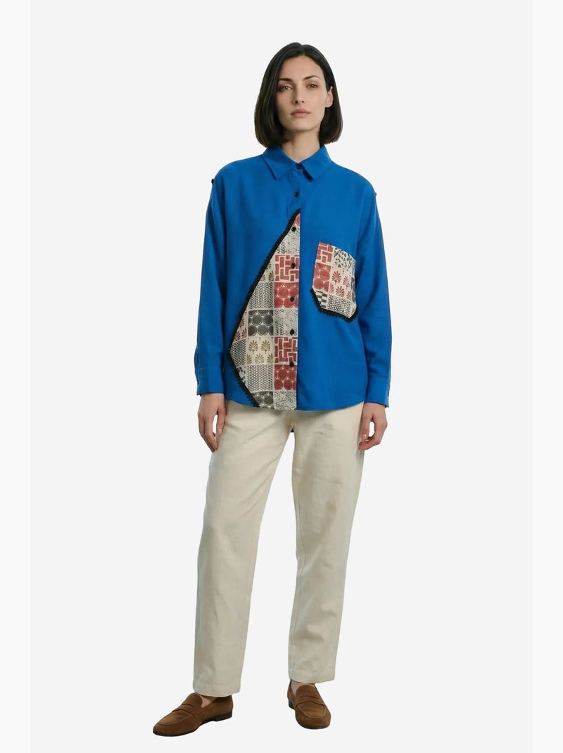 Camisa abotoada em mistura de linho com estampado geométrico my fashion Azul-cobalto - Kiabi