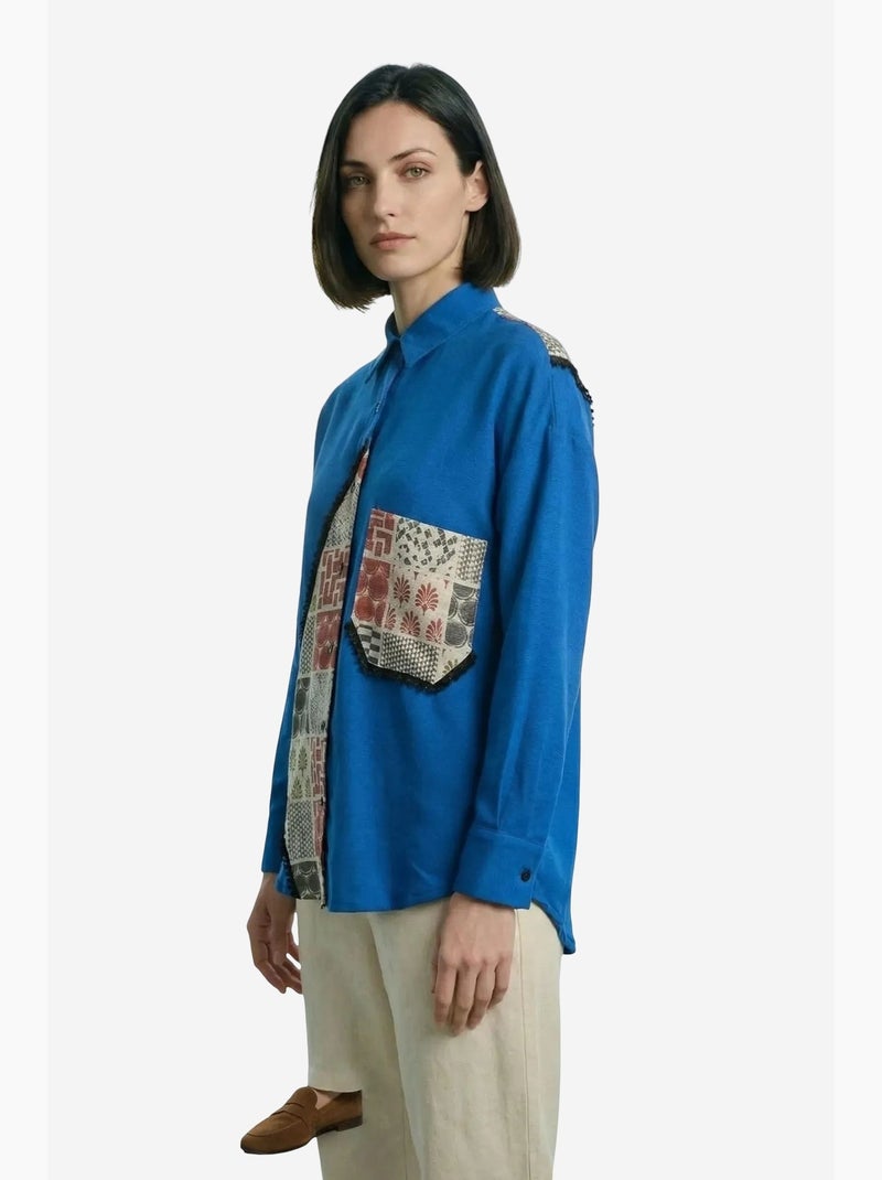 Camisa abotoada em mistura de linho com estampado geométrico my fashion Azul-cobalto - Kiabi