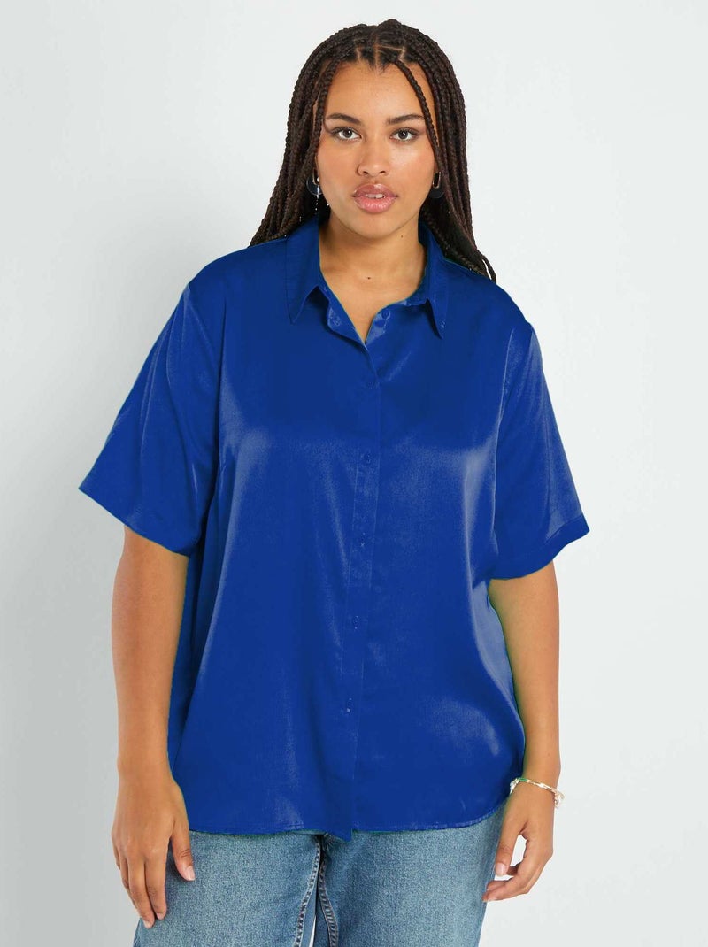 Camisa acetinada com colarinho italiano AZUL - Kiabi