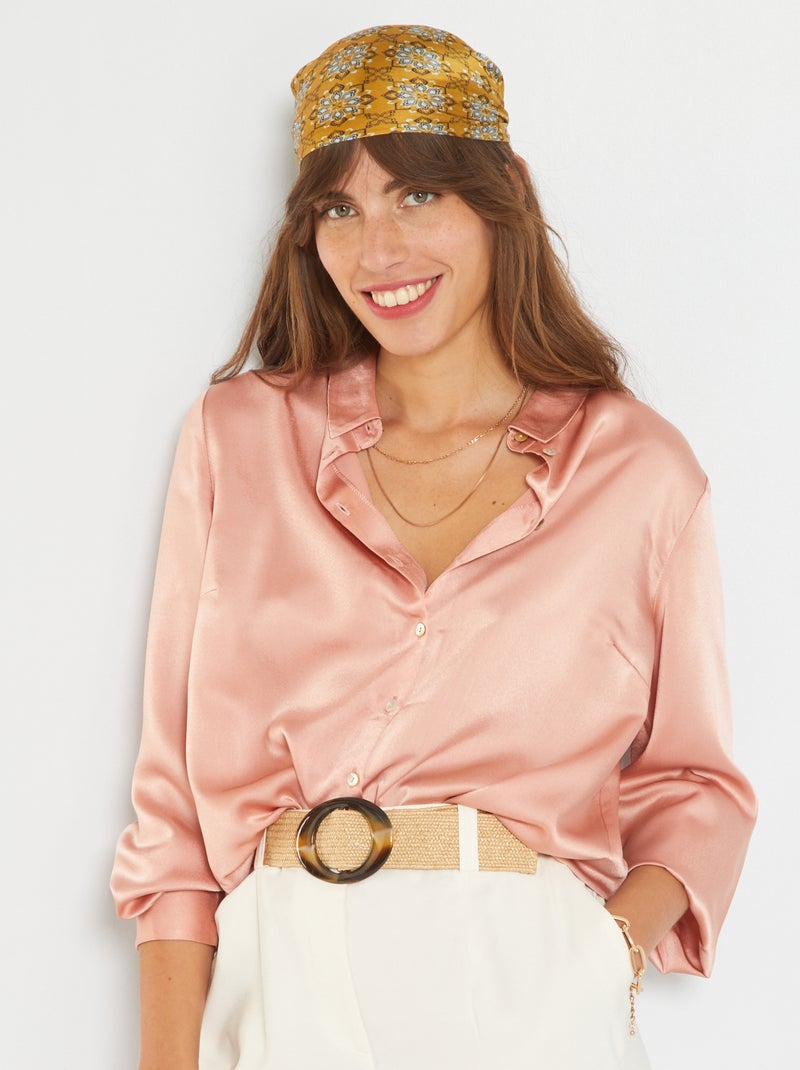 Camisa acetinada com colarinho italiano Rosa - Kiabi