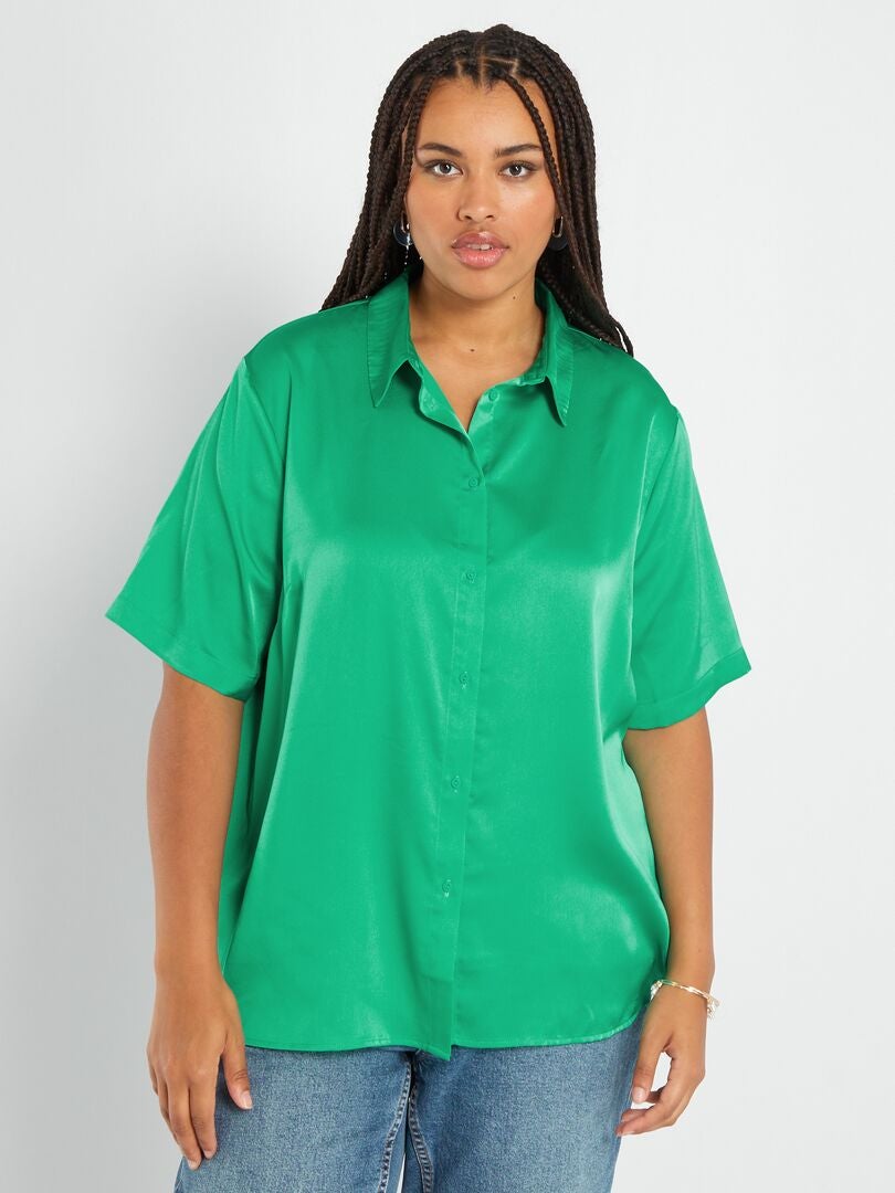 Camisa acetinada com colarinho italiano Verde - Kiabi