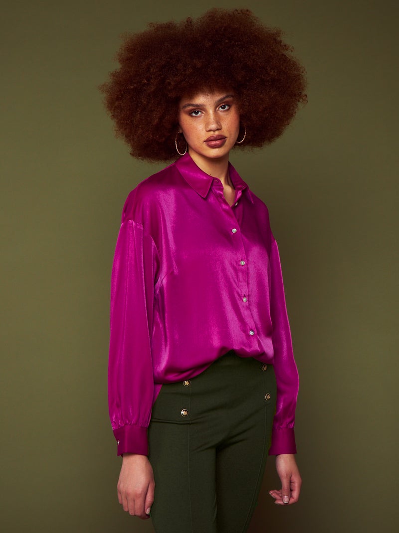 Camisa acetinada de manga comprida Rosa - Kiabi