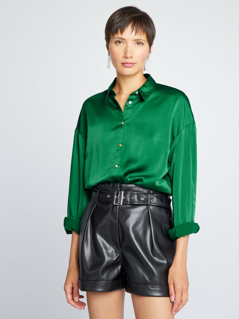 Camisa acetinada de manga comprida Verde - Kiabi