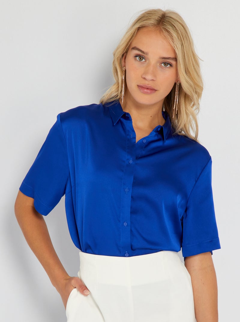 Camisa acetinada de manga curta Azul - Kiabi