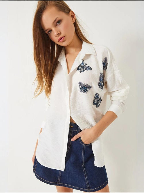 Camisa aerobin oversize com bordado de pedras e missangas de borboleta lucci - Kiabi