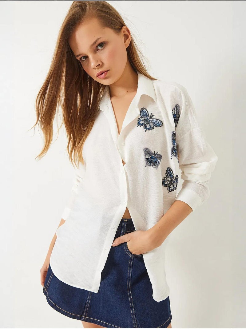 Camisa aerobin oversize com bordado de pedras e missangas de borboleta lucci Branco - Kiabi