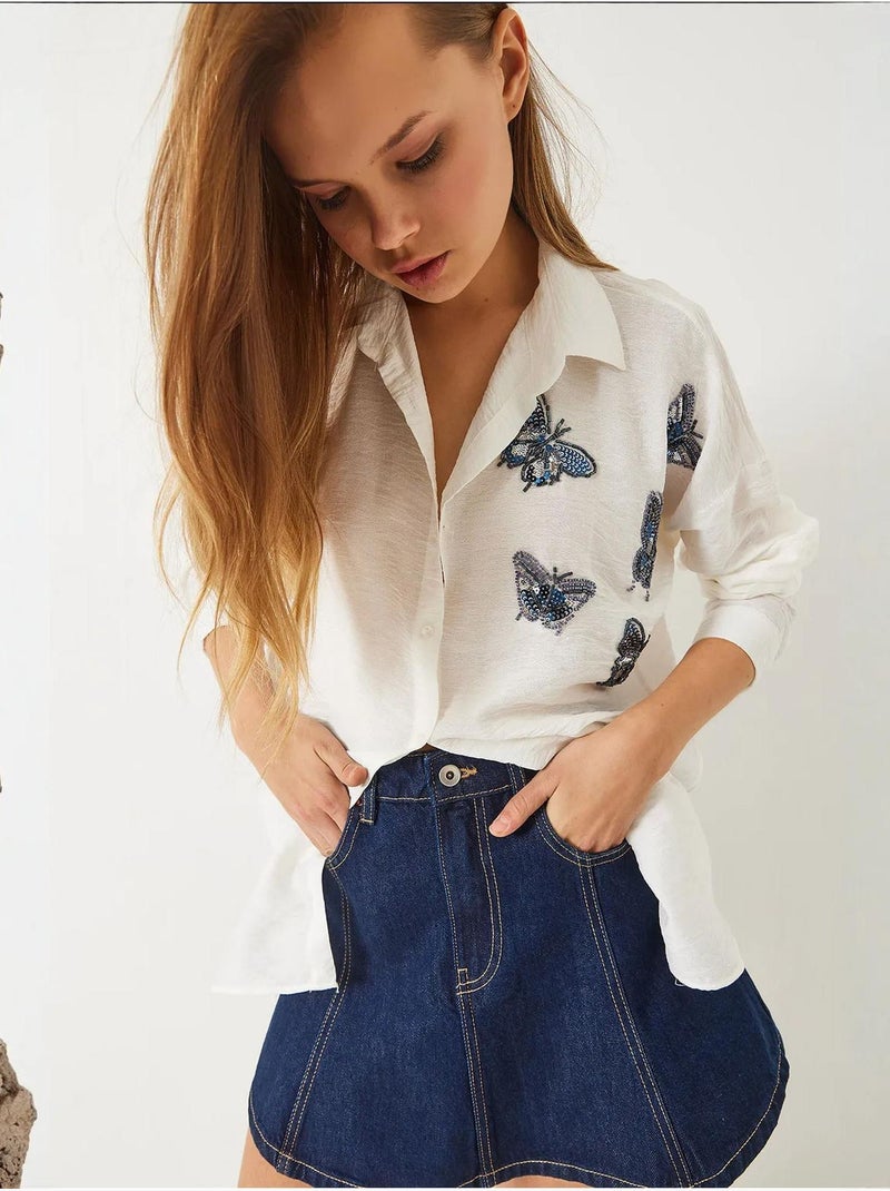 Camisa aerobin oversize com bordado de pedras e missangas de borboleta lucci Branco - Kiabi