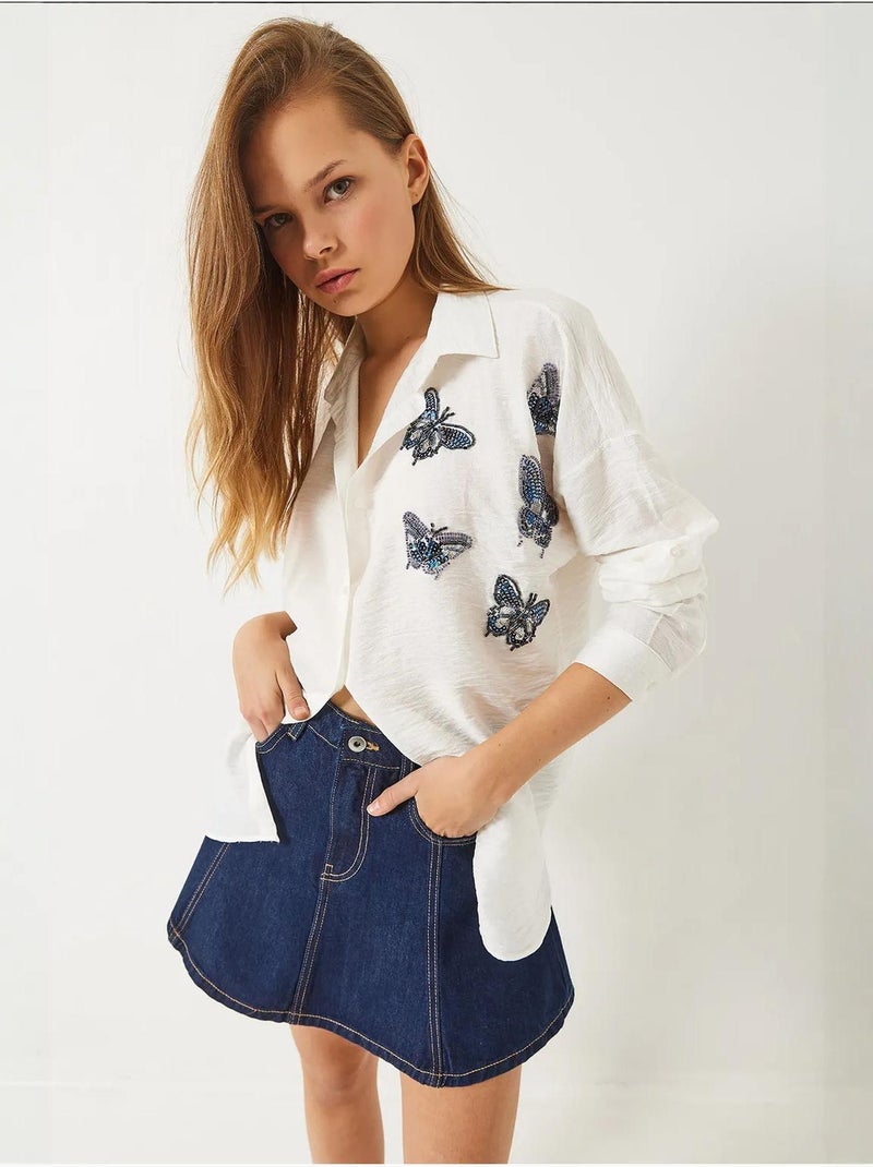 Camisa aerobin oversize com bordado de pedras e missangas de borboleta lucci Branco - Kiabi