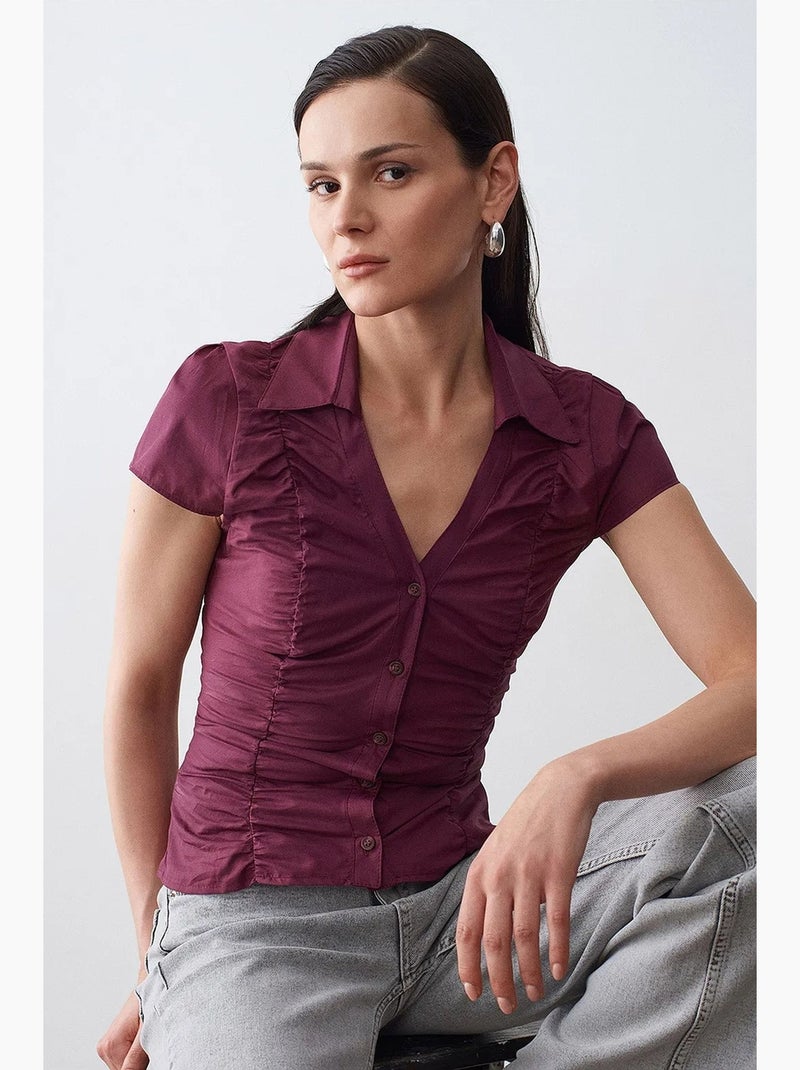 Camisa ajustada de popelina de algodão abotoada dilvin Vermelho bordô - Kiabi