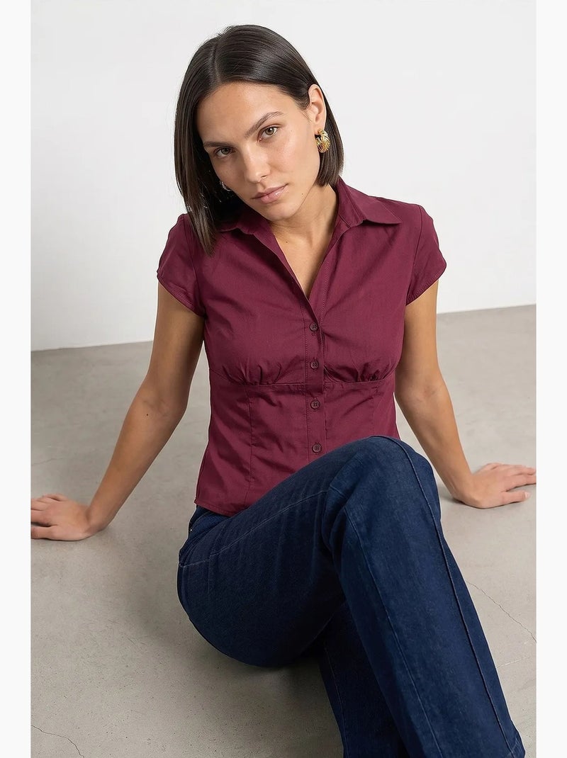 Camisa ajustada de popelina de algodão com detalhe de amarração dilvin Vermelho bordô - Kiabi