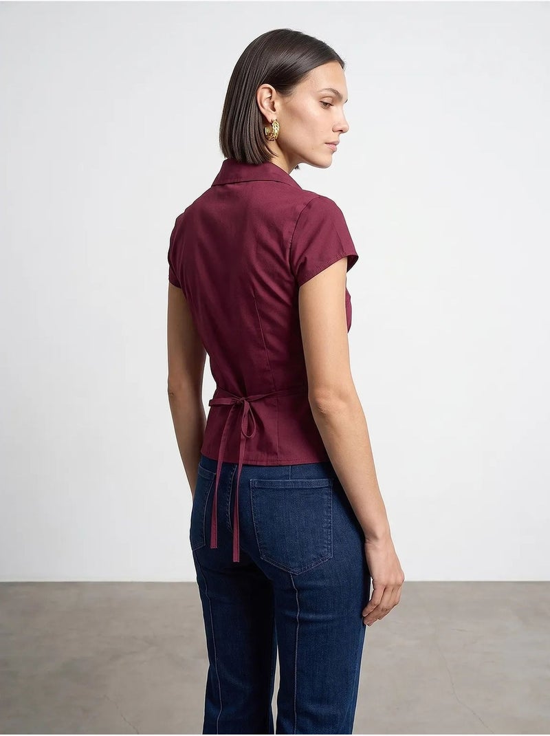 Camisa ajustada de popelina de algodão com detalhe de amarração dilvin Vermelho bordô - Kiabi