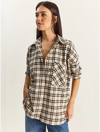 Camisa aos quadrados oversized de manga comprida com bolso lucci