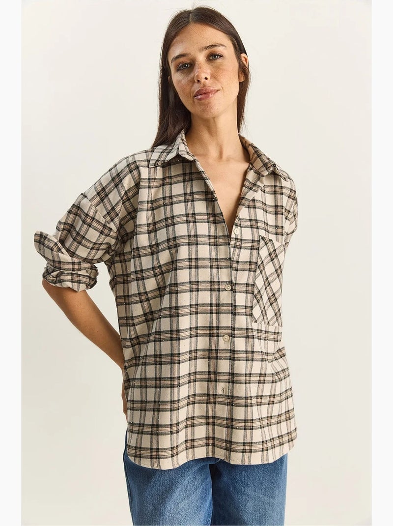 Camisa aos quadrados oversized de manga comprida com bolso lucci Bege-argila - Kiabi