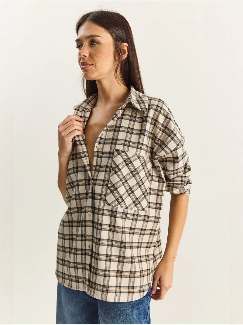 Camisa aos quadrados oversized de manga comprida com bolso lucci Bege-argila - Kiabi