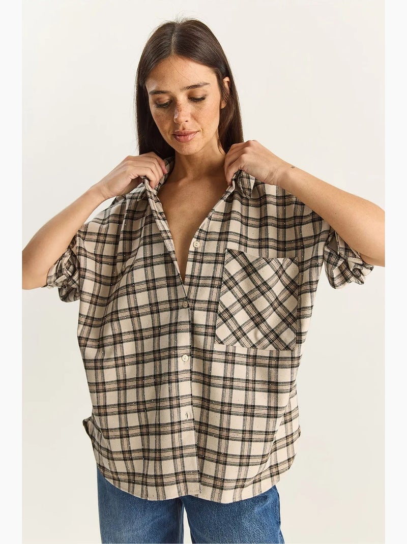 Camisa aos quadrados oversized de manga comprida com bolso lucci Bege-argila - Kiabi