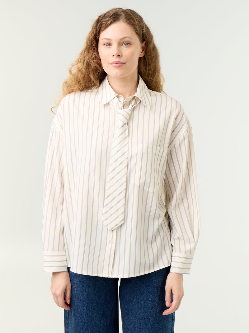 Camisa às riscas com bolso no peito + gravata a condizer - 2 peças Bege - Kiabi