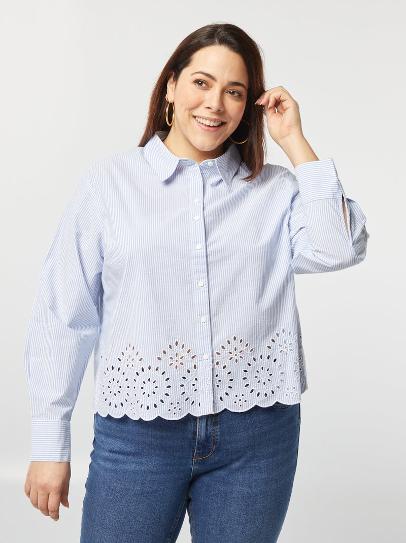 Camisa às riscas com bordados ajurados AZUL - Kiabi