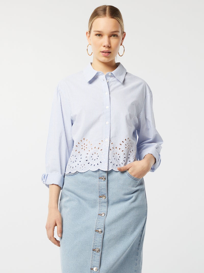Camisa às riscas com bordados AZUL - Kiabi
