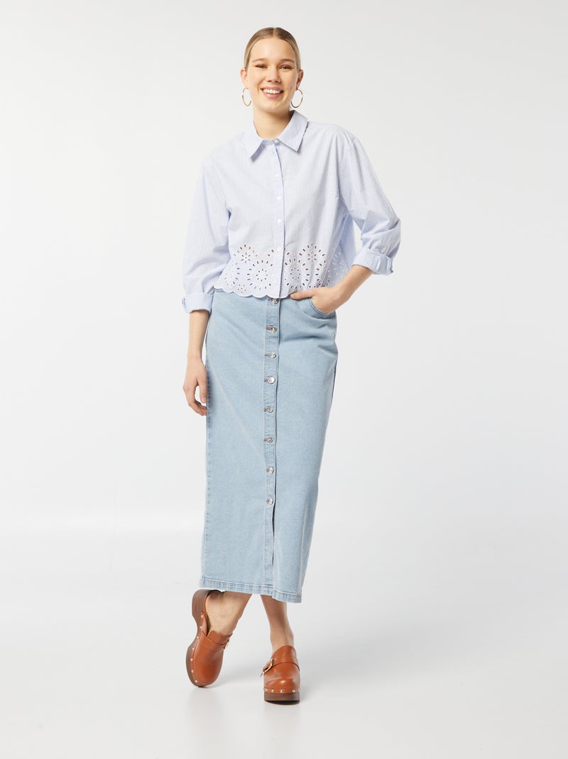 Camisa às riscas com bordados AZUL - Kiabi