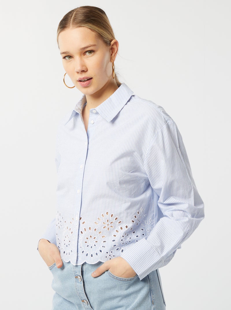 Camisa às riscas com bordados AZUL - Kiabi