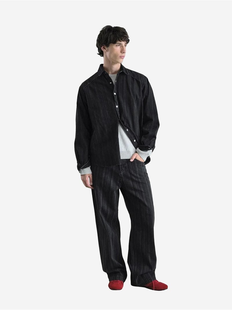 Camisa às riscas com botões de pressão e manga comprida giesto Preto - Kiabi