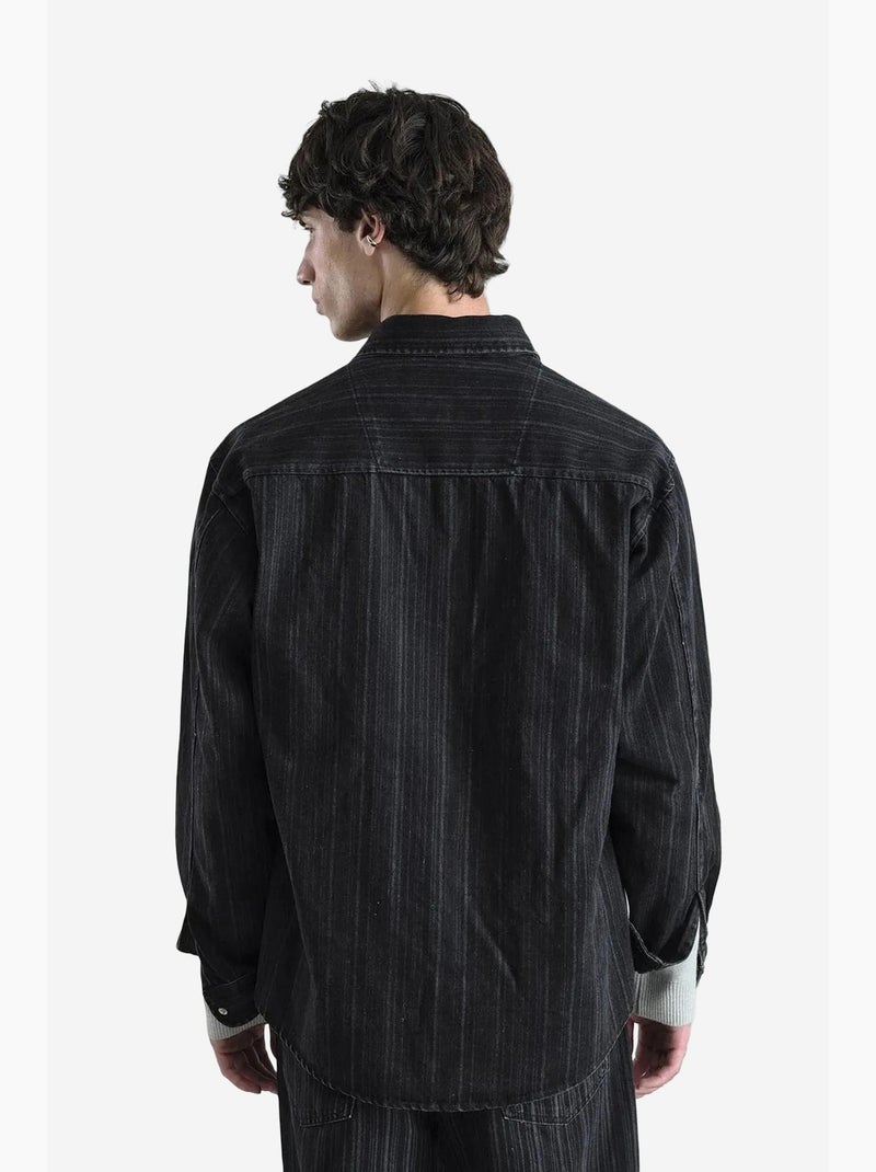 Camisa às riscas com botões de pressão e manga comprida giesto Preto - Kiabi