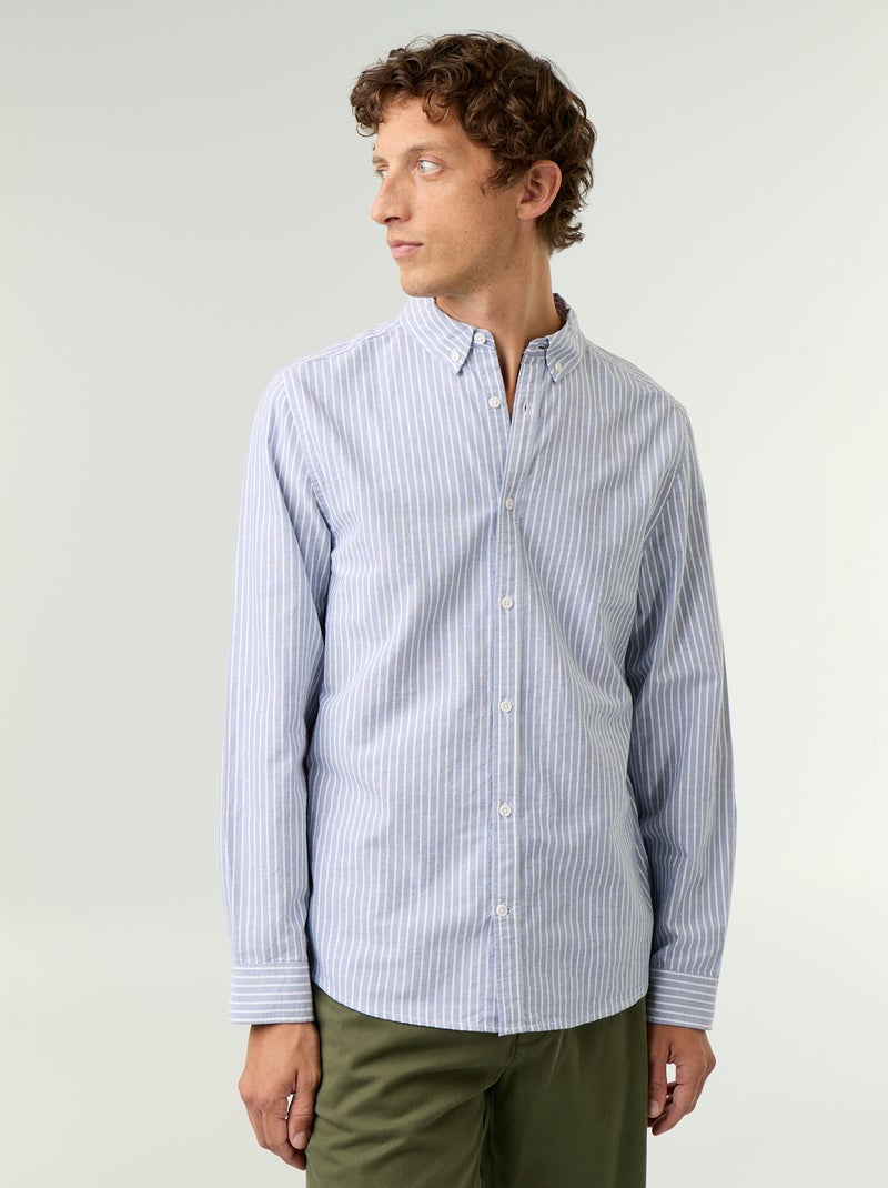 Camisa às riscas com colarinho abotoado Azul - Kiabi