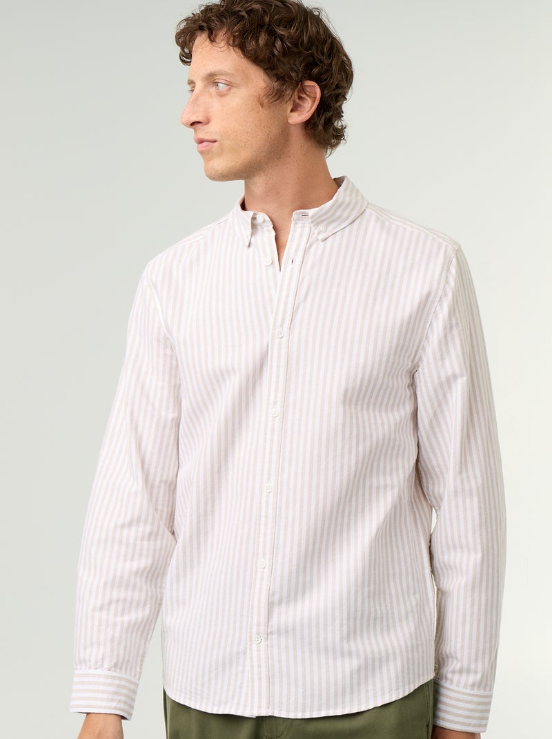Camisa às riscas com colarinho abotoado Bege - Kiabi