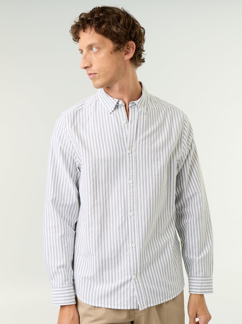 Camisa às riscas com colarinho abotoado Verde - Kiabi