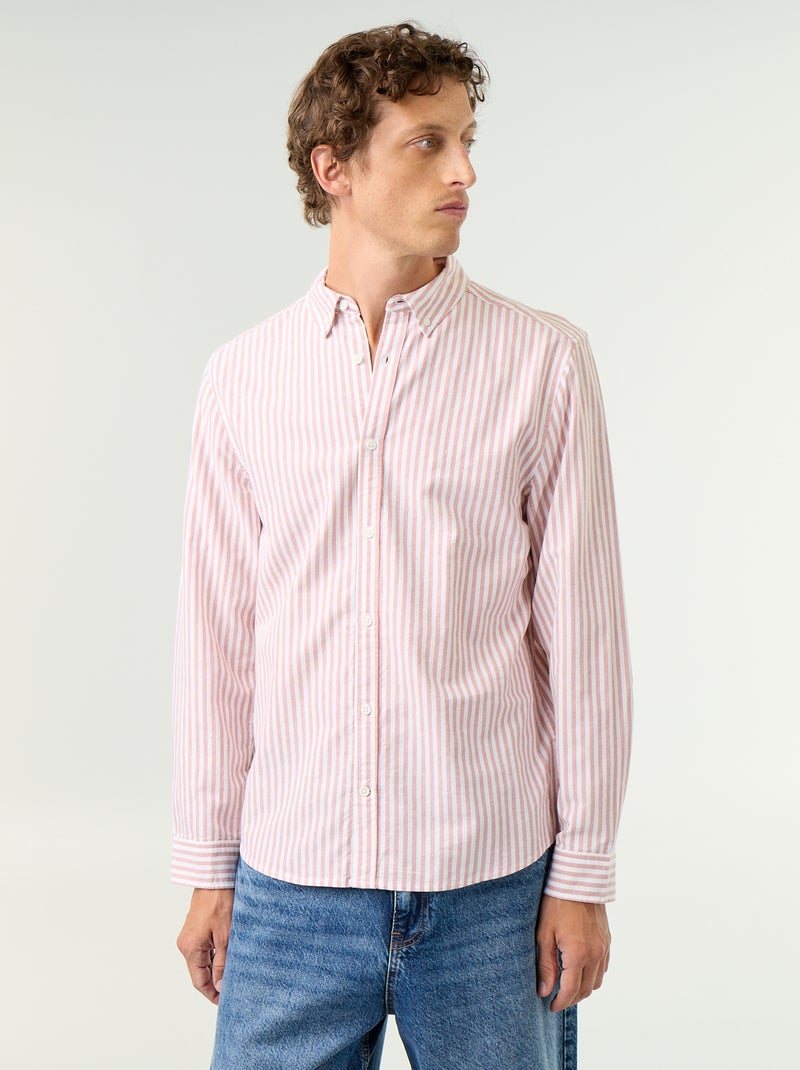 Camisa às riscas com colarinho abotoado Vermelho - Kiabi