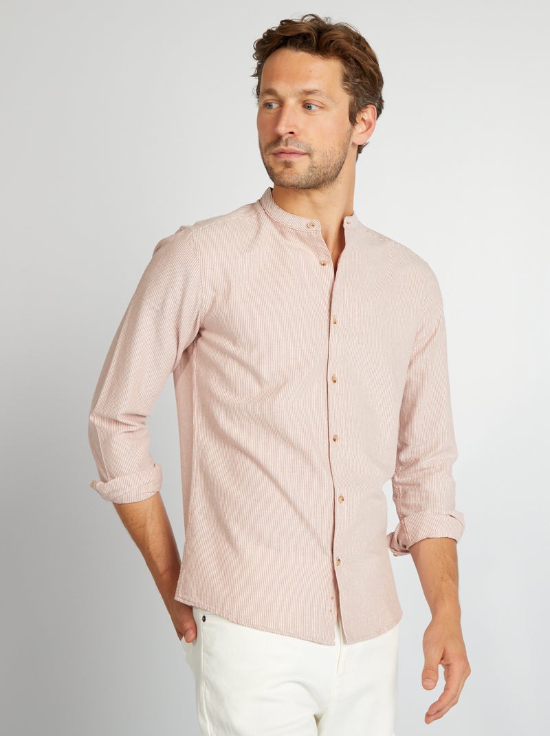 Camisa às riscas com colarinho mao MARROM - Kiabi
