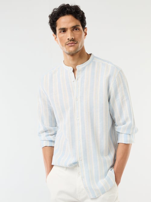 Camisa às riscas com gola mao e mangas arregaçáveis - Kiabi