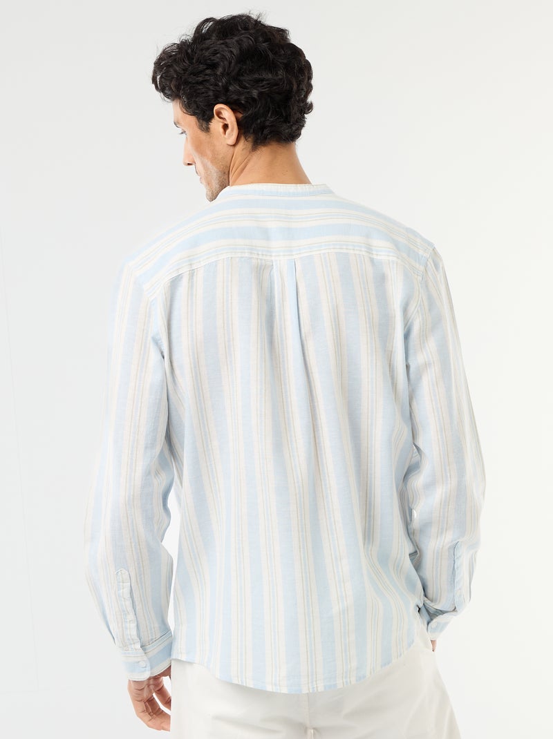Camisa às riscas com gola mao e mangas arregaçáveis Azul - Kiabi
