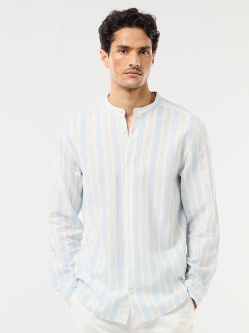 Camisa às riscas com gola mao e mangas arregaçáveis - Kiabi
