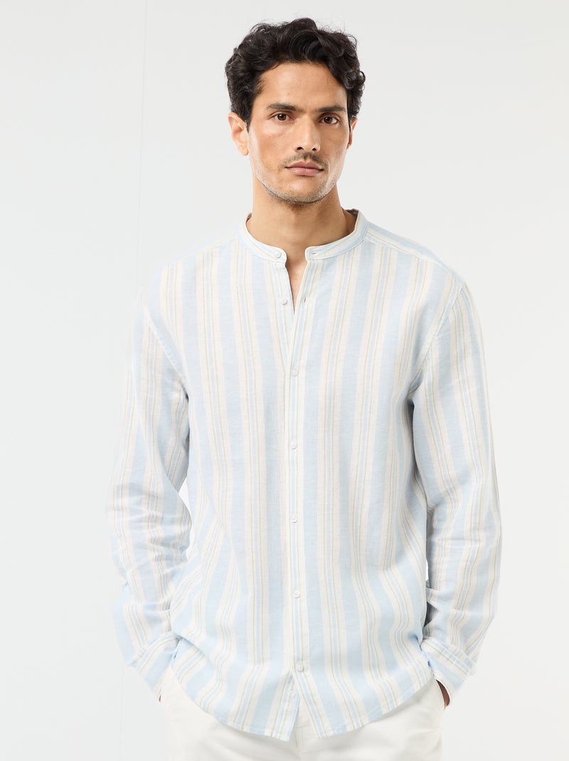 Camisa às riscas com gola mao e mangas arregaçáveis Azul - Kiabi