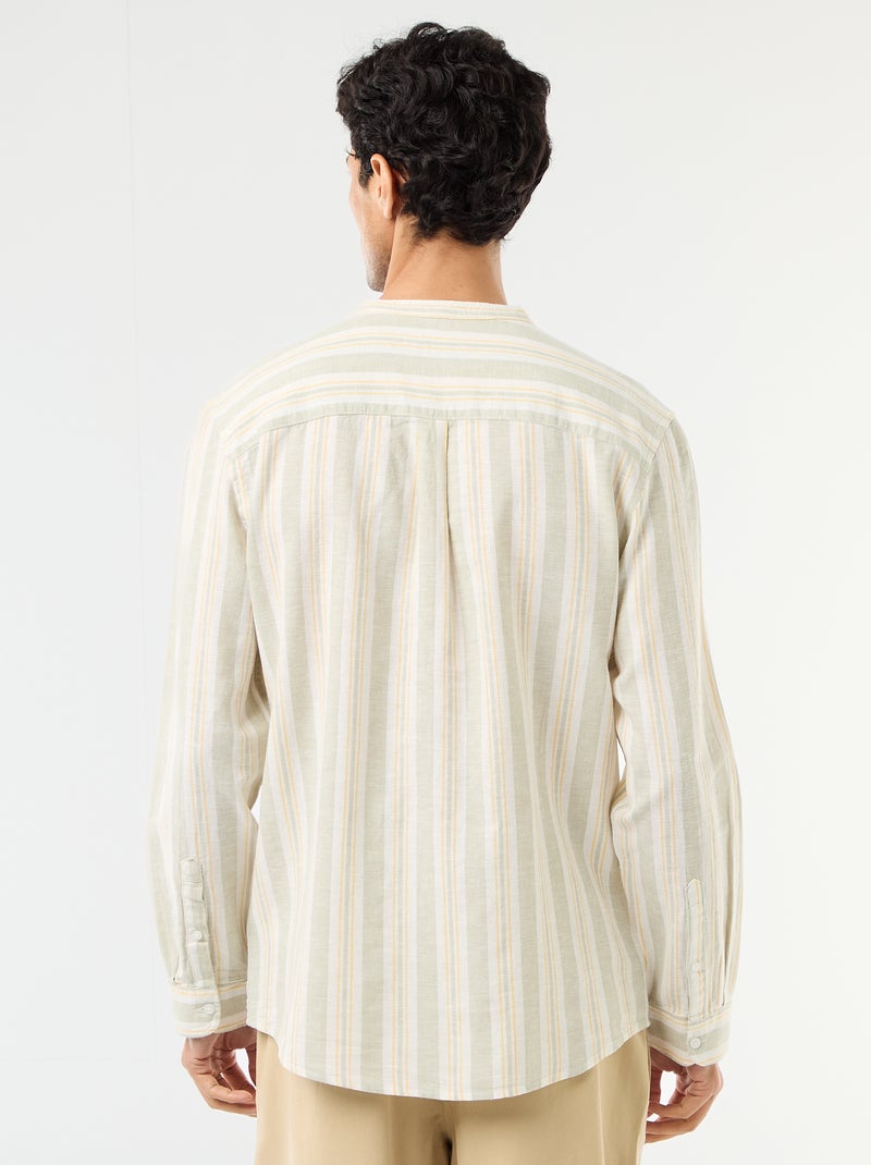 Camisa às riscas com gola mao e mangas arregaçáveis Verde - Kiabi